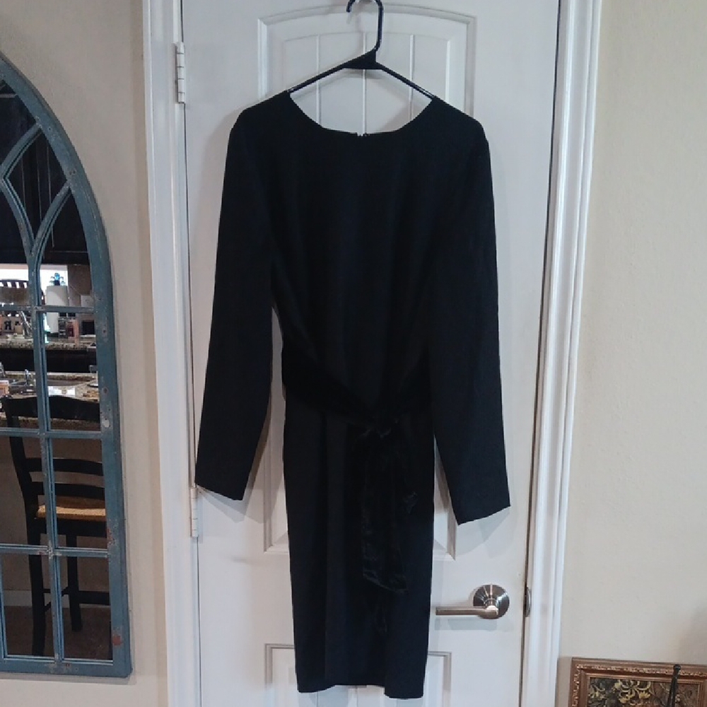 J. Crew Classic Black Sheath Midi Dress w Silk Blend Wide Velvet Sash & Tie